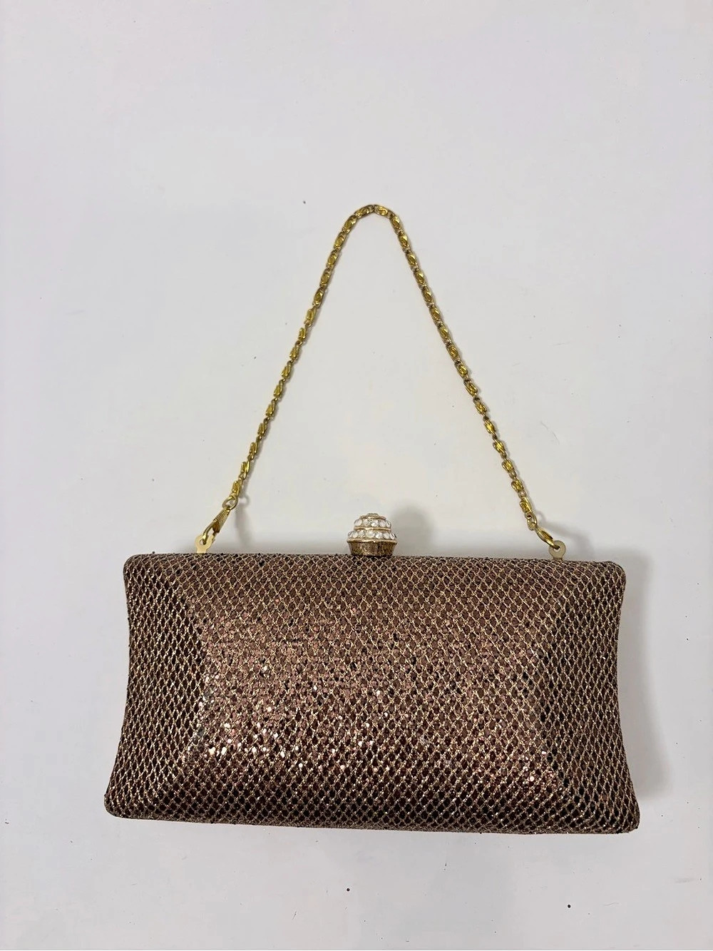 bebe Bronze Metallic Mesh Evening Clutch with Rhinestone Clasp